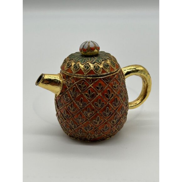 Vtg Pineapple Mini Teapot Cloisonne Enamel Colorful Tropical - Picture 9 of 9